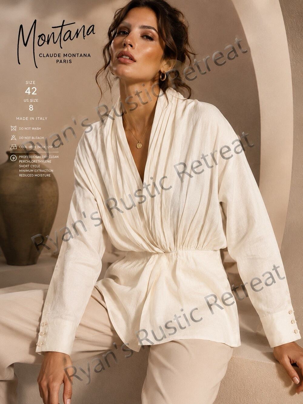 Claude Montana Paris White Linen Blend Draped Blouse Top Women’s US 8 Italy